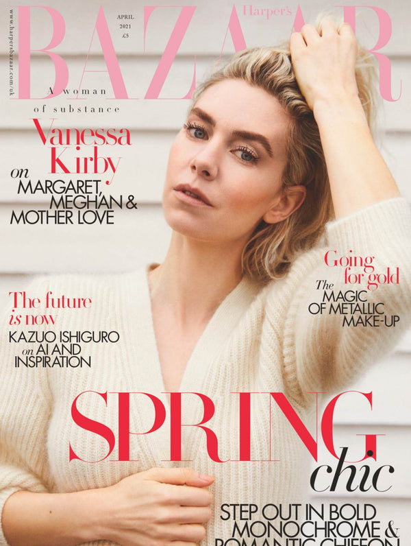 Vanessa Kirby for Harper's Bazaar UK, April 2021, makeup by Jo Baker for Bakeup Beauty