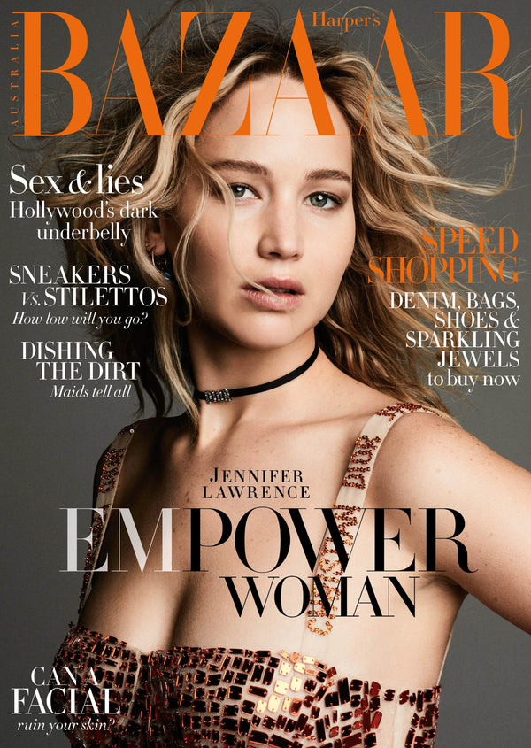 Jennifer Lawrence Harper's Bazaar cover, makeup by Jo Baker for Bakeup Beauty
