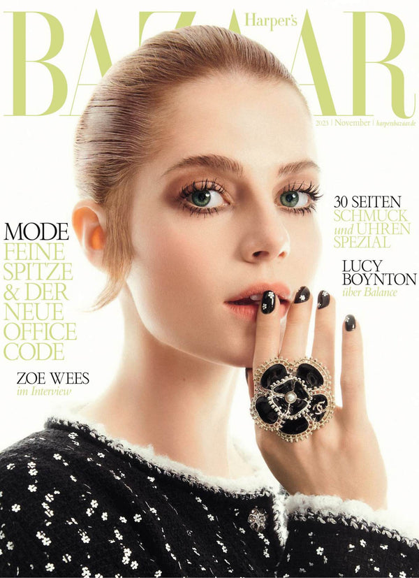 Lucy Boynton for Harper's Bazaar Germany, October 2023, makeup by Jo Baker for Bakeup Beauty