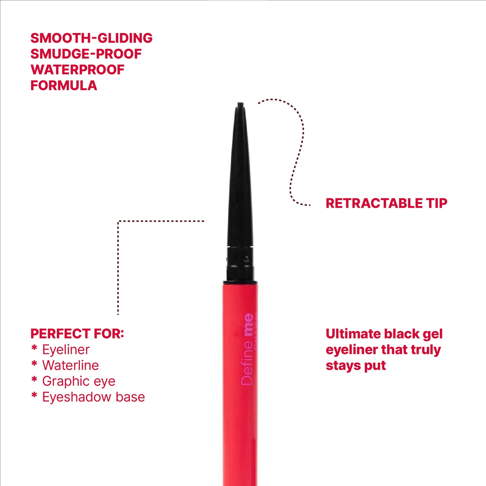 Red and black eyeliner pen with features highlighted on a white background
