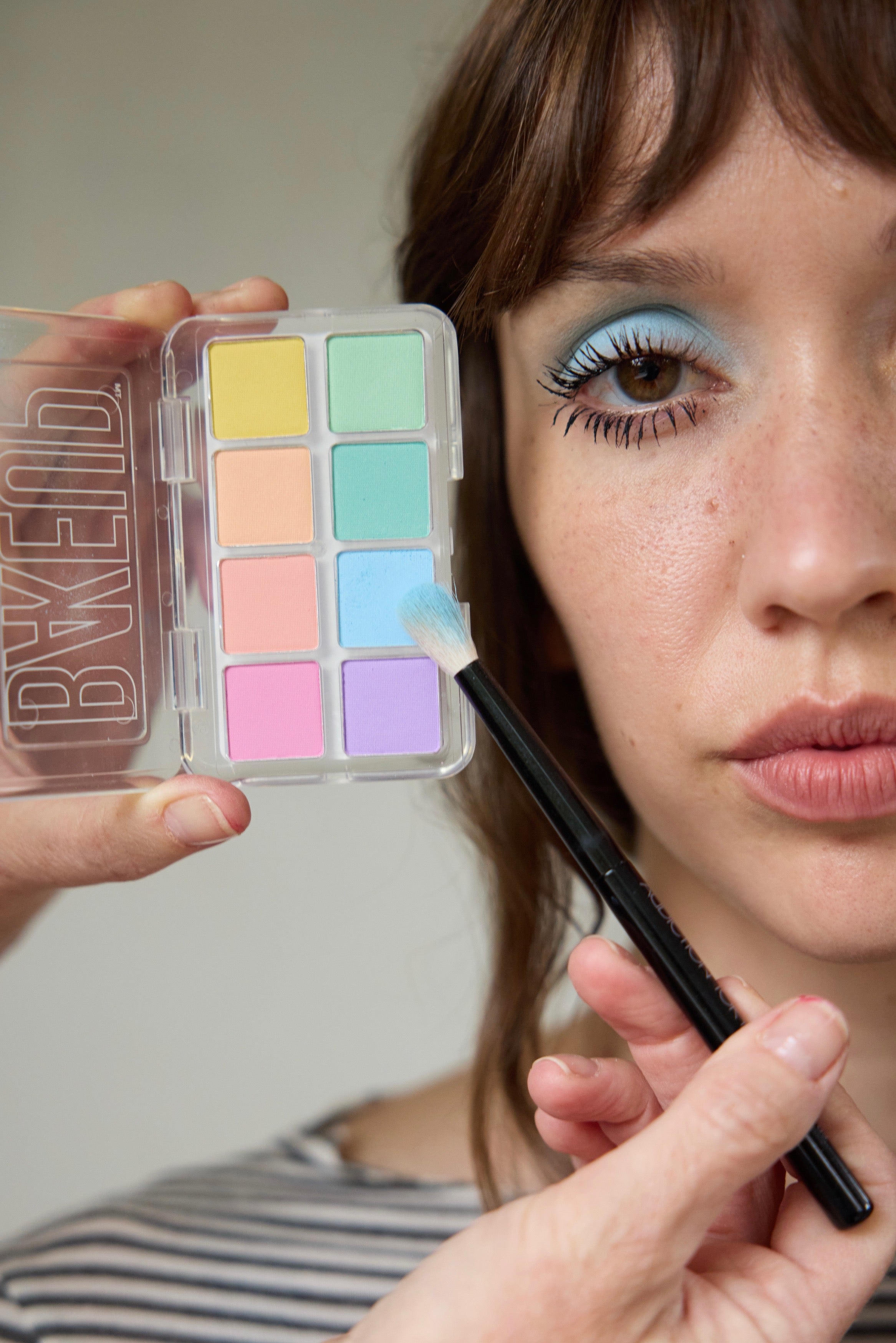 Model wearing Bakeup Beauty Pastel Eyeshadow Palette shades